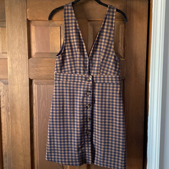 Adorable topshop brown navy plaid deep v button jumper dress 8 - Picture 1 of 7